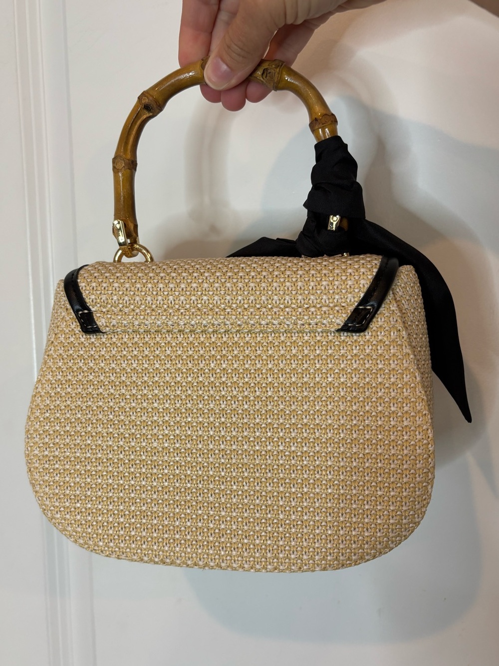 A New Day Black Bow Bamboo Handle Tan Neutral Woven Bag - Picture 2 of 7